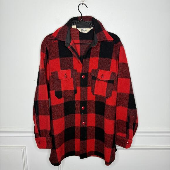 Vintage Woolrich Red Buffalo Plaid Wool Shacket Jacket Style 53 Mens Medium - Picture 1 of 7